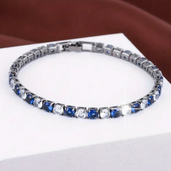 Mens 1ct Blue Sapphire 18K White Gold Gemstone Diamond Tennis Bracelet Silver